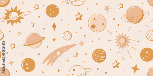 Seamless vector pattern featuring planets stars and celestial bodies in warm earthy tones ideal for space theme backgrounds