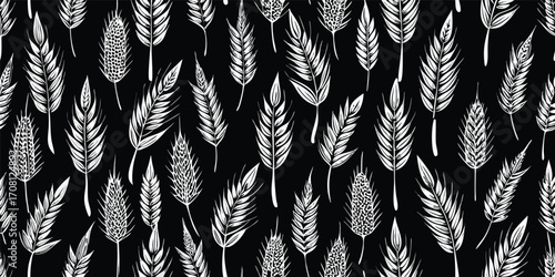 Seamless wheat pattern white grain illustration on black background repeated agricultural design monochrome crop motif decorative cereal stalks textile surface design farmhouse style
