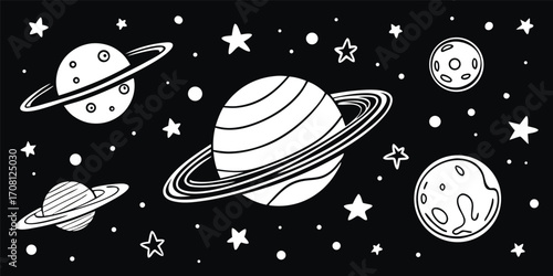 Space themed pattern featuring planets stars and moons in white outline on black background cosmic celestial designs for children