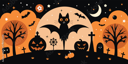 Spooky halloween night vector with black cat bats pumpkins and graveyard on an orange background under a crescent moon and stars