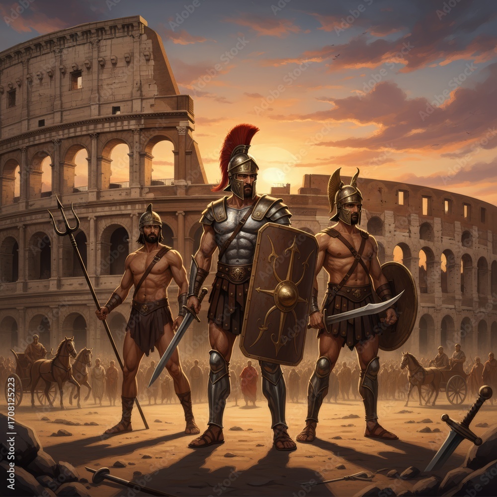 Naklejka premium Three Roman soldiers stand ready before the Colosseum at sunset