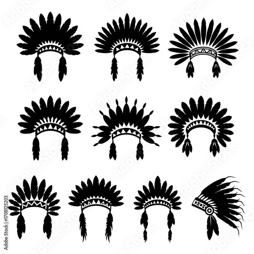 Vector art of collection of native american indian chief headdress silhouette for design element, logo, and decoration