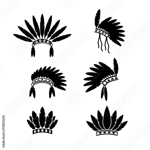 Vector art of native american indian chief headdress collection tribal traditional hat with feathers war bonnet vector illustration