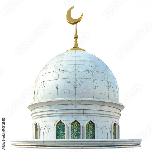 3D mosque dome miniature with golden crescent, white background