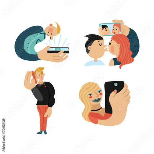 People taking selfies and using smartphones for communication and entertainment