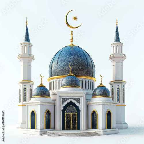 3D mosque dome miniature with golden crescent, white background