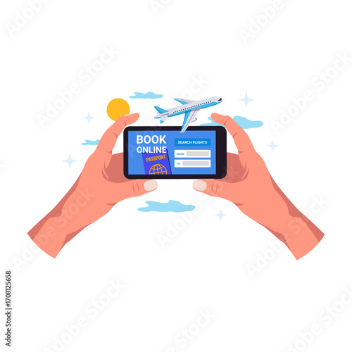 Book Flights Online Easily Phone App & Plane Illustration