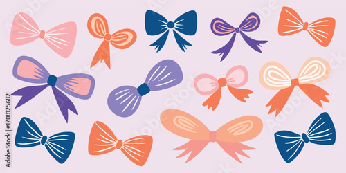 Various stylish bows decorative celebration elements on a light lilac background hand drawn bows for decoration gift decoration present illustration