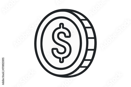 Dollar coin money icon. Vector line art symbol of currency, finance, and wealth. Simple black and white cash sign for banking, payment, or investment concepts.