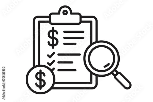 Financial audit and business budget analysis line icon. Accounting report, expense review, and tax inspection concept. Magnifying glass over checklist with dollar symbol.