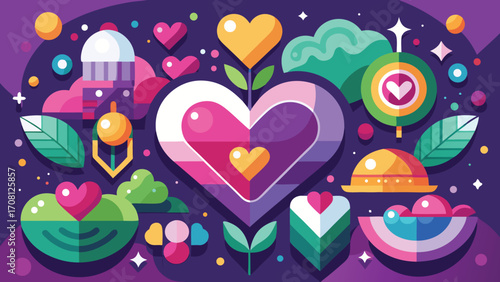 Vibrant abstract flat design with hearts plants and planets on a deep purple background for creative projects and designs