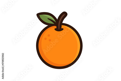 Orange fruit icon in flat cartoon style. Simple vector illustration of a fresh citrus with a green leaf. Healthy eating, organic food, and vitamin C concept design.