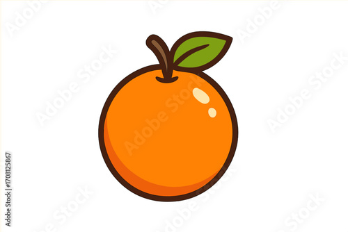 Orange fruit icon in a cute cartoon flat design style. Fresh citrus vector illustration with a green leaf, isolated on a background. Healthy food and vitamin C concept.