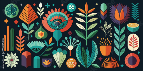 Vibrant botanical illustration with geometric floral elements on dark background detailed flat design colorful spring or summer flower arrangement plants