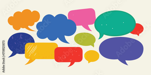 Vibrant colorful speech bubbles representing communication dialogue and conversation with grunge texture on a cream background