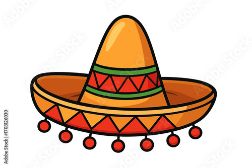 Sombrero hat cartoon vector illustration. Mexican cultural symbol for Cinco de Mayo celebration or fiesta party. Traditional latin accessory icon isolated on white background.
