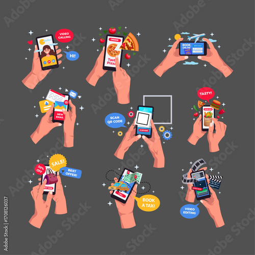 Smartphone Activities Hands Holding Devices with App Icons