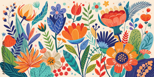 Vibrant floral pattern background with colorful botanical elements and lush foliage a cheerful display of natures beauty