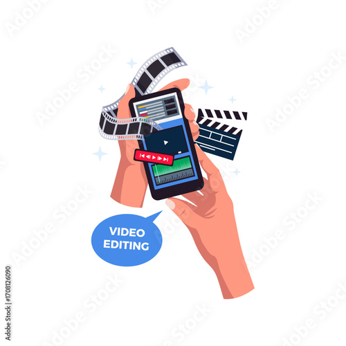 Mobile Video Editing App Interface on a Smartphone with Film Reel and Clapperboard