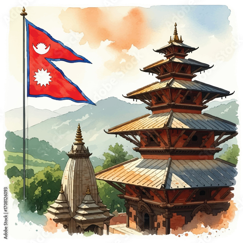 traditional nepal pagoda temple flags mountains
