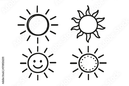 Hand-drawn sun icon set. Doodle style summer symbols. Vector cartoon illustration pack. Sunshine, happiness, and sunny weather concept. Simple line art sketch graphics.