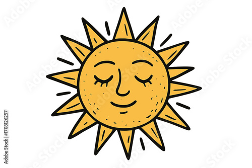 Cute sun character with a smiling face. Hand drawn doodle icon. Summer sunshine weather symbol. Celestial vector illustration in a cute cartoon brush style. Isolated.