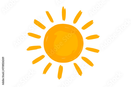 Sun icon in a hand-drawn cartoon style. Doodle vector illustration of sunshine. Yellow summer weather symbol with brush stroke texture. Isolated graphic element for design.