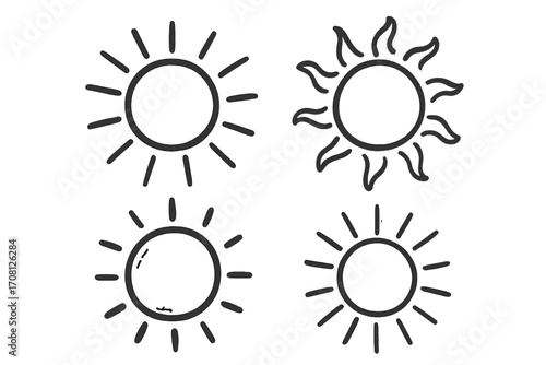 Set of hand-drawn sun icons in a doodle cartoon style. Simple black vector illustration for summer, sunshine and weather concepts. Isolated on transparent background.