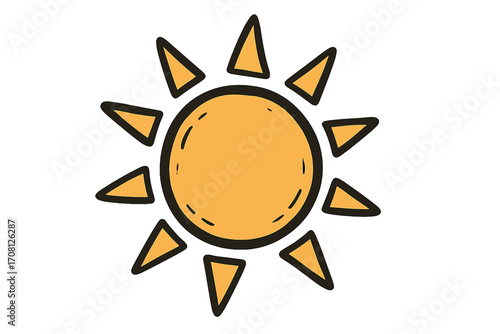 Sun symbol in doodle style. Hand drawn vector cartoon illustration. Cute sunshine icon for summer, weather forecast. Simple kids drawing, yellow solar element isolated.