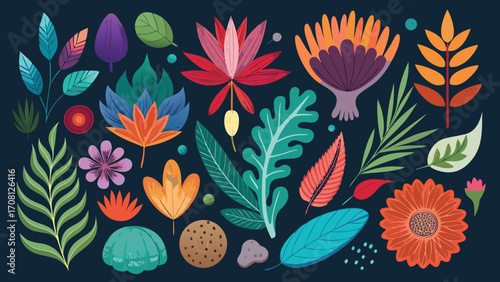 Vivid assortment of colorful botanical elements featuring leaves and flowers on a dark background for artistic compositions or seamless patterns