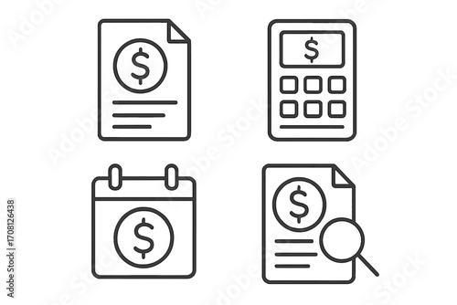 Finance and accounting linear icon set. Business money symbols collection. Financial report, budget calculation, audit, tax payment calendar. Vector outline illustration.