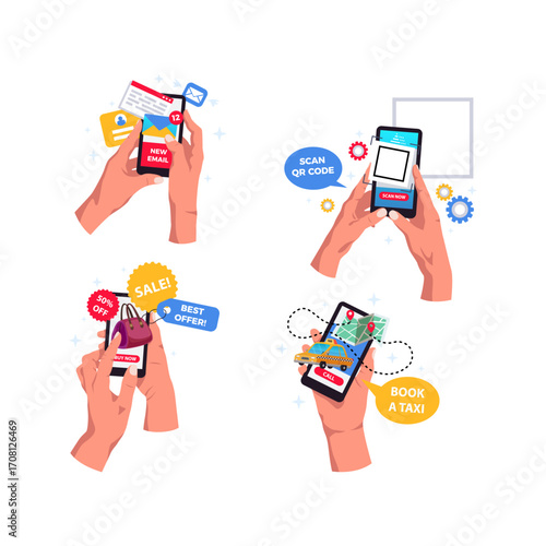 Concepts of mobile applications for online shopping, booking a taxi, and scanning QR codes