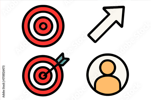 Business goals icon set. Target with arrow, success achievement, and career growth. Candidate selection, customer targeting, and user profile vector illustration.