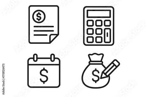 Tax preparation and finance icon set. Accounting, budget, and payment symbols. Vector line icons for calculator, money bag, invoice, and calendar for tax day deadline.