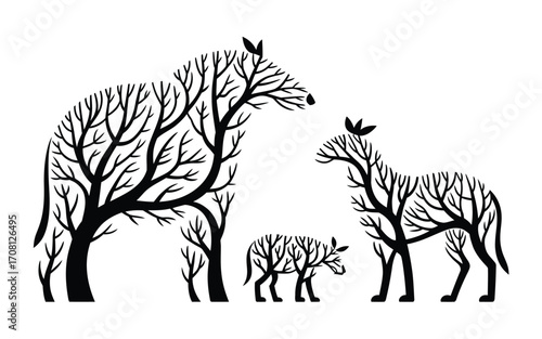 Vector art of a heartwarming illustration depicting a family of animals, their forms crafted from the intricate network of tree branches, , symbolizing the interconnectedness of life and nature