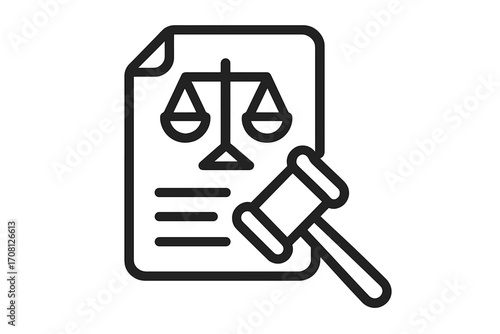 Law and justice icon with gavel and legal document. Scales of justice symbol. Concept for legislation, regulation, court verdict, and auction. Judgment, rights, and legal advice.