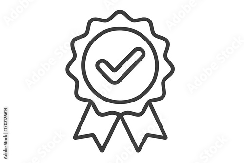 Quality check mark icon. Approved or certified medal. Guarantee symbol. Premium quality badge. Best choice award ribbon. Top service seal. Vector line illustration.