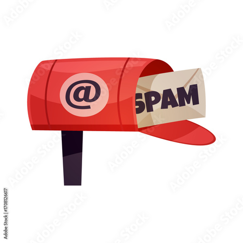 Spam Email Inbox Illustration Mailbox with @ Symbol and "Spam" Envelope