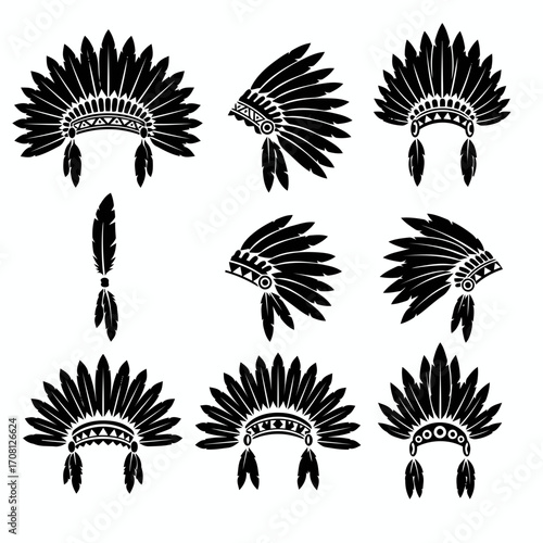 Vector art of collection of native american headdress icons set of different indian chief feather hat or war bonnet silhouette