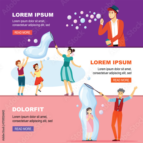 soap bubble show. soap bubbles characters, people having fun air blowers wand. vector cartoon flat banners.