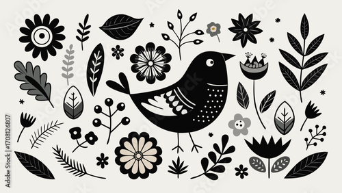 Whimsical bird and floral illustration in black and white palette decorative botanical elements design folk art aesthetic nature inspired composition