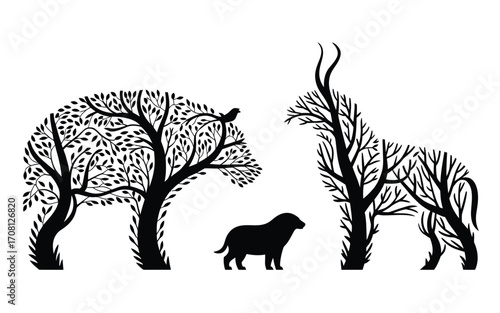 Vector art of a captivating illustration showcases a boar, antelope and dog, ingeniously crafted from the intricate branches of trees, , blending nature and wildlife