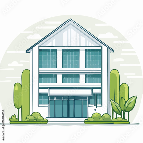 Modern White Building Exterior with Green Landscaping