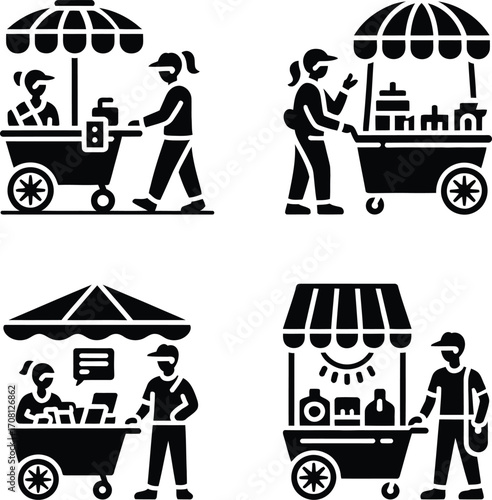 Mobile Vendor Cart Icon Set – Black & White Stalls with Umbrellas & Buyers