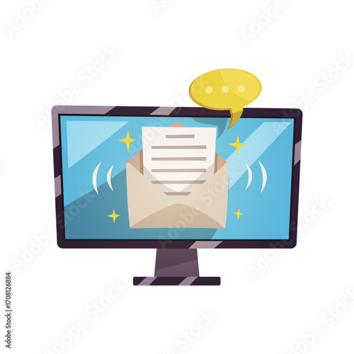 Concept of digital communication with an open envelope on a computer monitor