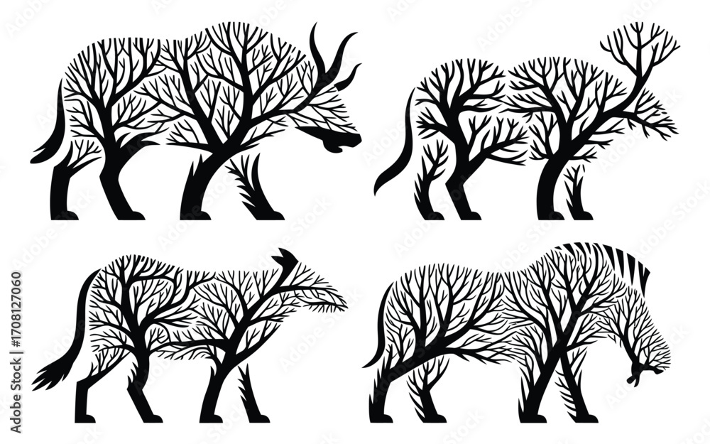 Obraz premium Vector art of a captivating illustration showcasing a diverse collection of animals, each intricately formed from the delicate branches of trees, , creating a harmonious blend of nature and wildlife