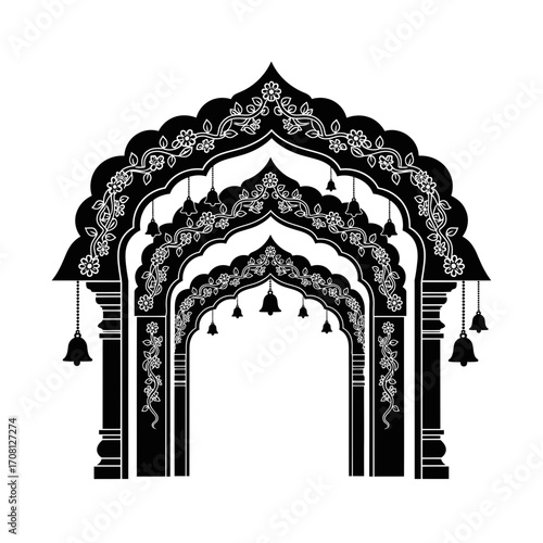 Vector art of beautiful black and white indian wedding arch vector illustration ornate decorative entrance gate design