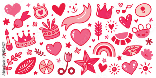 Whimsical pink doodle pattern with hearts crowns stars and cute elements for valentines day and girly designs vector illustration