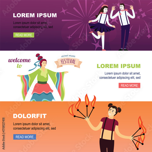 street music festival characters. street urban music band performing festival, showtime, dance and singing. vector cartoon horizontal flat banners.