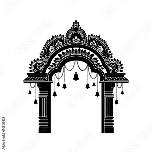 Vector art of elaborate indian archway silhouette, featuring intricate carvings, bells, and traditional architectural motifs